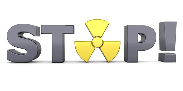 Zwarte woord stop! -gele nucleaire symbool — Stockfoto