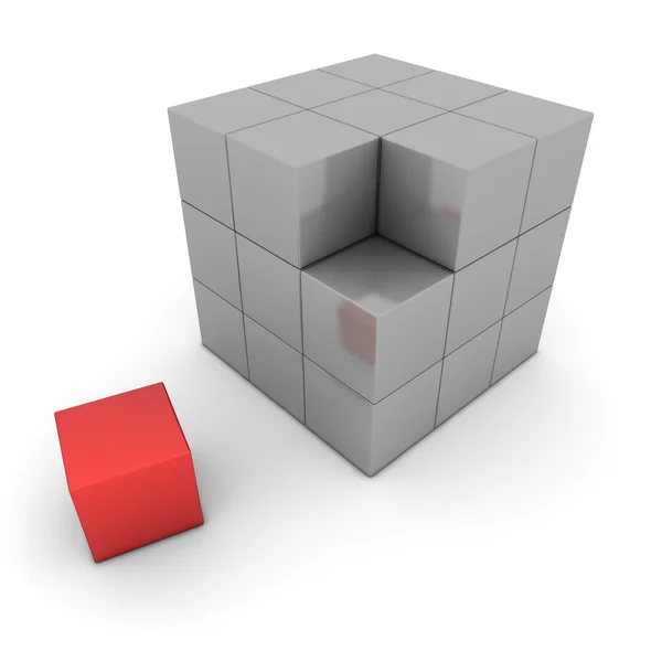 Большой серый куб блоков - один красный ящик отдельно — стоковое фото