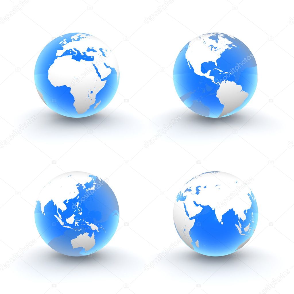 3D Globes in White and Shiny Transparent Blue