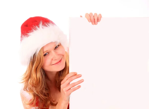 Miss Santa is Holding an Ad — Stock Photo, Image