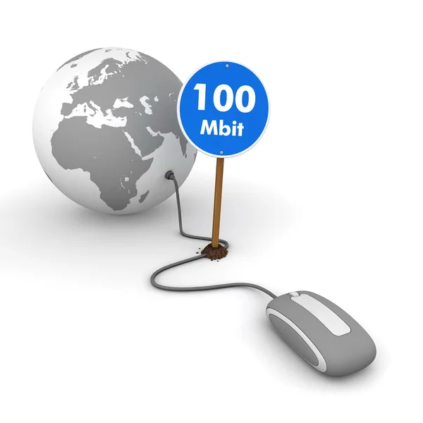 在网上冲浪的灰色-蓝 100 mbit 标志的电缆 — 图库照片