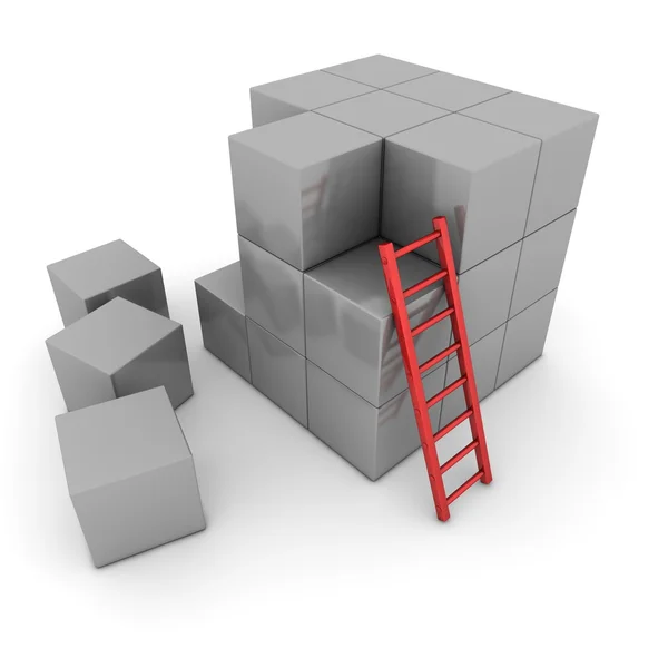 Grote grijze kubus van blokken - rode ladder leunde — Stockfoto