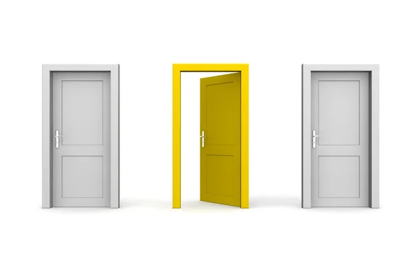 3 つのドア - 灰色と黄色 - 2 閉鎖、1 つのオープン — ストック写真