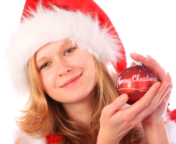 Miss Santa is Holding a Red Christmas Tree Ball — Stock Photo, Image