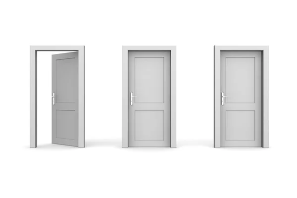 Три сірий дверей - два закрито, ліворуч одну відкриту — стокове фото