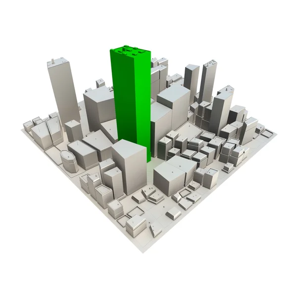 Cityscape model 3d - yeşil gökdelen — Stok fotoğraf
