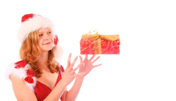 Miss Babbo Natale sta prendendo una scatola regalo rossa — Foto Stock