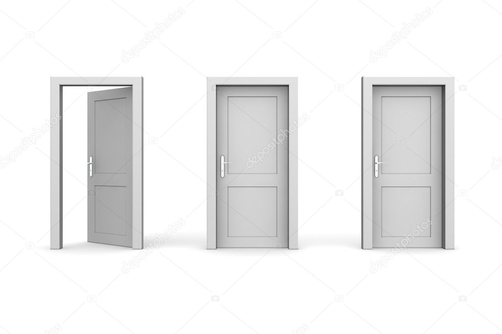 Three Grey Doors - Two Closed, The Left One Open