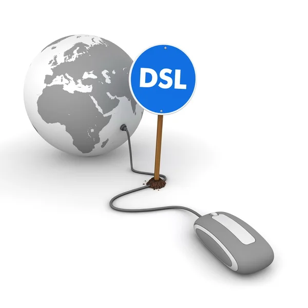 Surfen im Internet in grau - blaues DSL-Zeichen am Kabel — Stockfoto