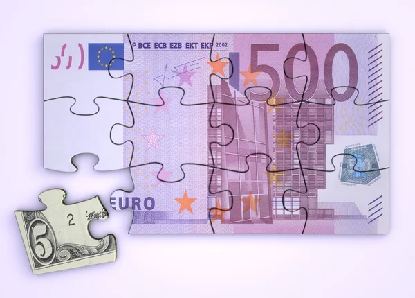 Poznámka: puzzle 500 euro a dolar kus — Stock fotografie