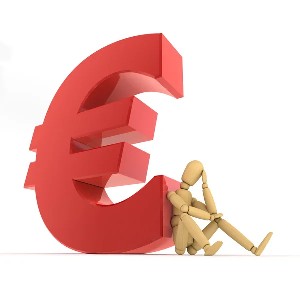 Docka sitter vid röda glansiga eurotecknet — Stockfoto