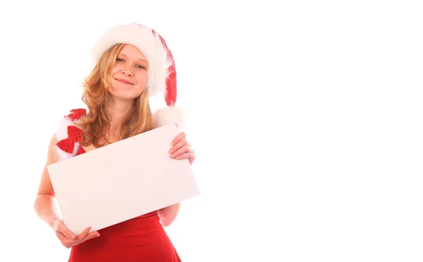 Miss Santa is Holding an ad - White Space on the Right — Stock Photo, Image
