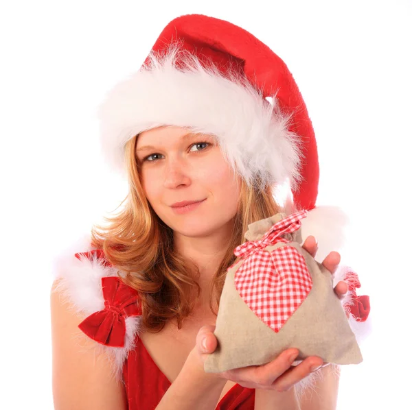 Miss Santa is Holding an Fancy Gift Bag — Stock Photo, Image