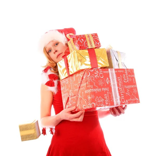 Miss Santa is Loosing One Golden Gift Box — Stock Photo, Image