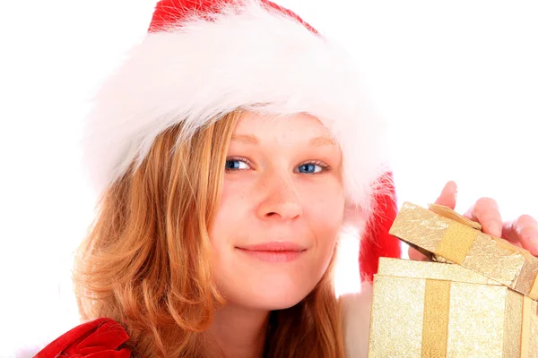 Miss Santa is Opening a Golden Gift Box — Stock Photo, Image