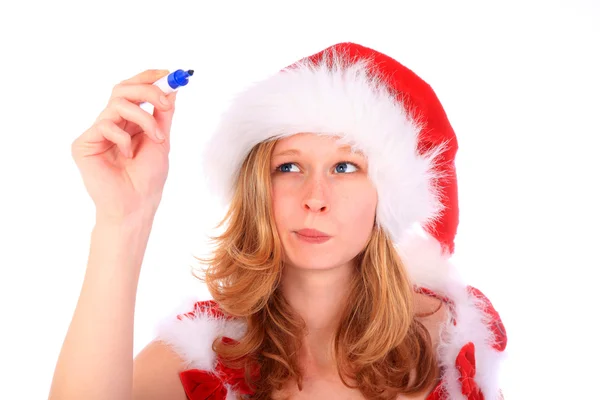 Miss Santa is Writing with a Blue Marker Pen - Template — Stock Photo, Image