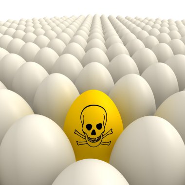 Plenty of shiny eggshell white eggs and one yellow egg with a poison sign in the center clipart