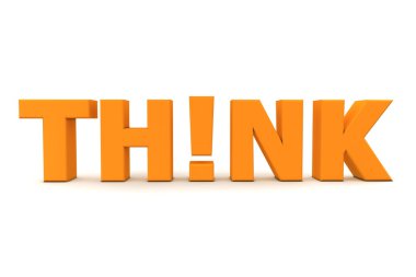 Orange word think with an exclamation mark replacing the letter i - front view clipart