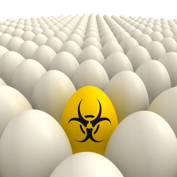 Campo de Ovos - Um ovo de sinal de risco biológico amarelo — Fotografia de Stock