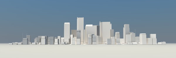 Wide 3D cityscape model at daytime with a blue sky in the background - buildings are casting no shadows