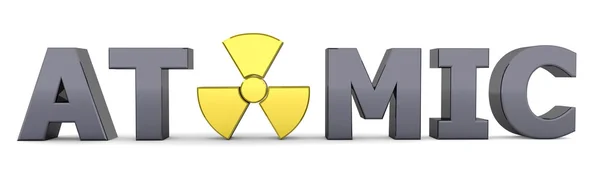 Black Word Atomic - Yellow Nuclear Symbol — Stock Photo, Image