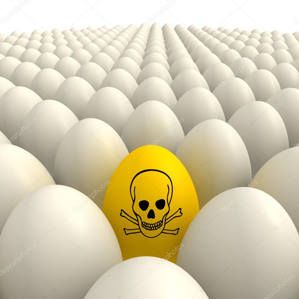 Plenty of shiny eggshell white eggs and one yellow egg with a poison sign in the center