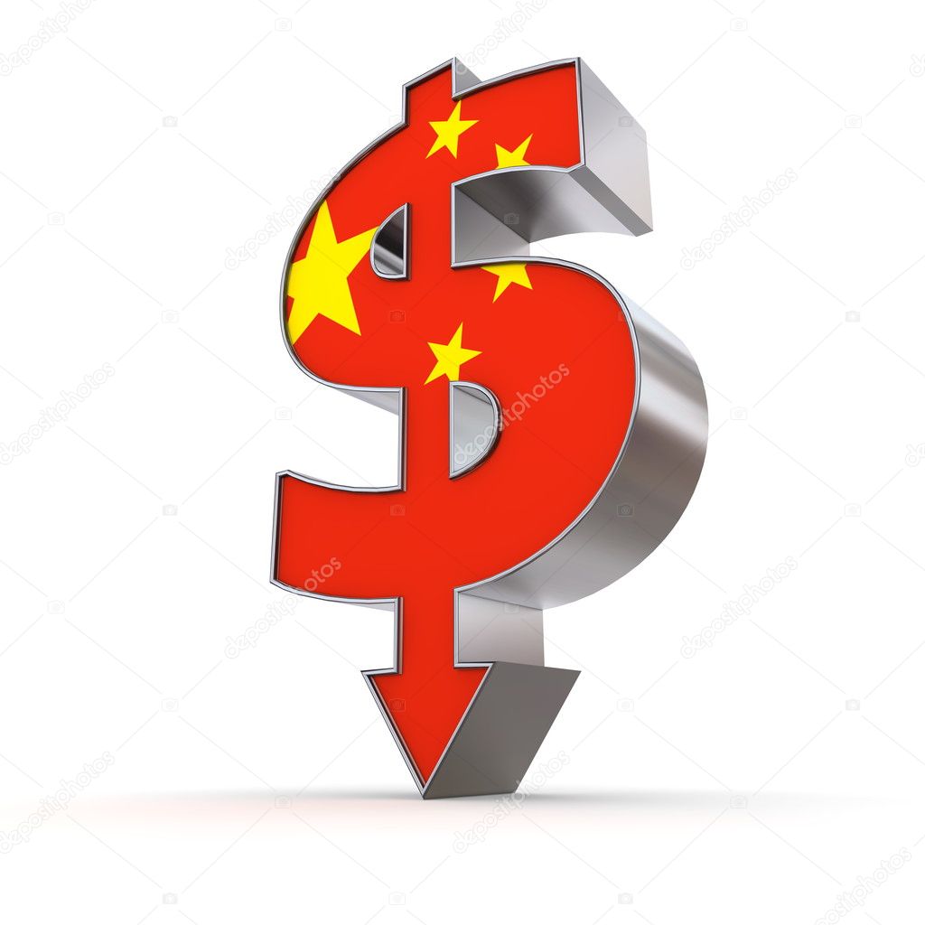 Dollar sign made of solid metal with arrow down stands on white ground - chinese flag as front texture