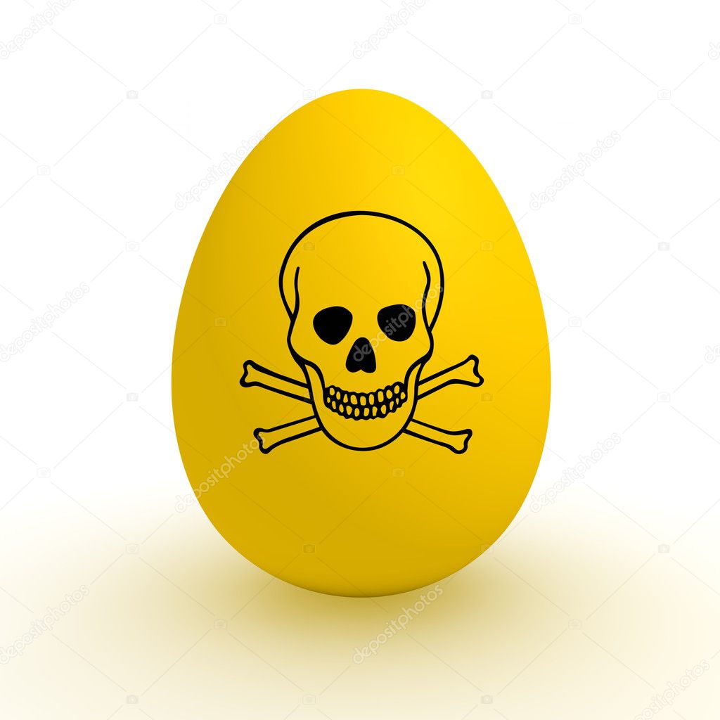 A single yellow egg with a black poison warning sign on it - polluted food