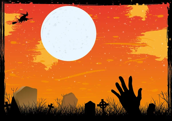 Halloween starry night on cemetery red card — Stock Vector