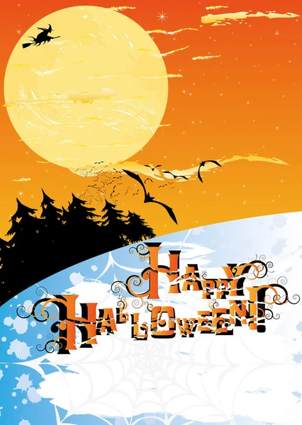 Cartão de Halloween com estrelas, lua, floresta, bruxa e morcegos — Vetor de Stock