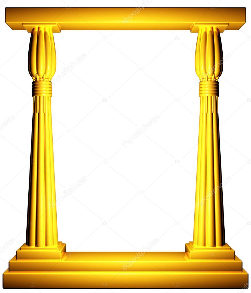 Ancient columns gold frame on white background.