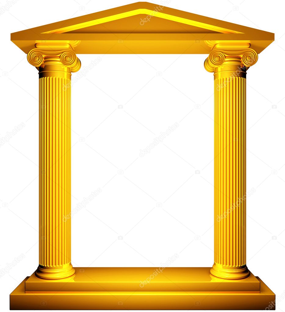 Ionic columns gold frame on white background.