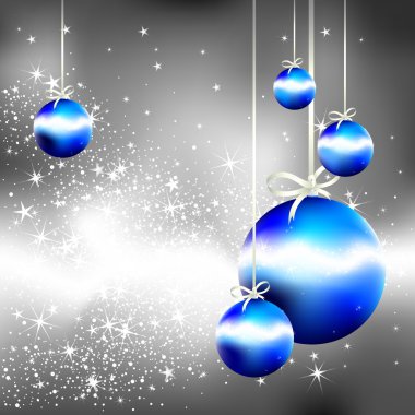 Silver christmas background with blue fir balls, clipart