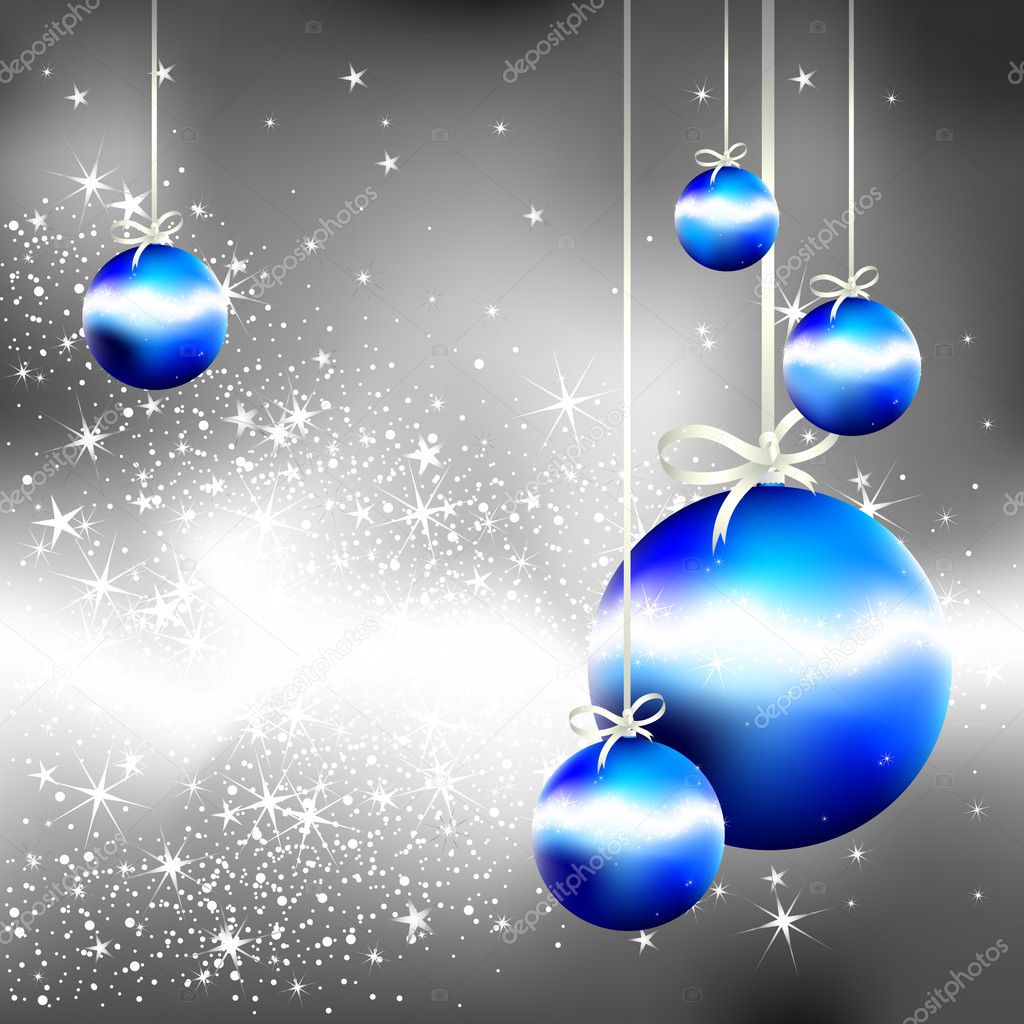 Silver christmas background with blue fir balls,