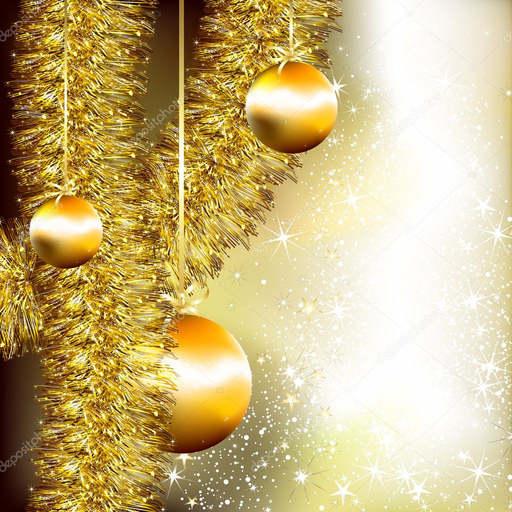 Christmas background with golden tinsel and fir balls