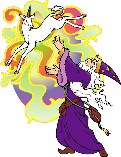 Wizard conjuring a Unicorn — Stock Vector