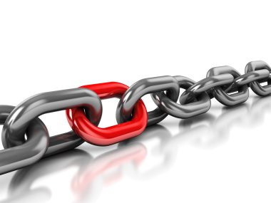 abstract 3d illustration of chain with one red link over white background