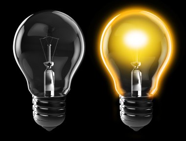 3d illustration of light bulb, power on, and power off, over black background clipart