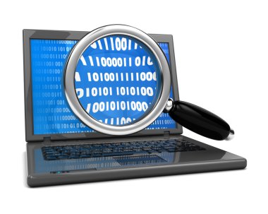 3d illustration of laptop computer and magnify glass, information searching concept clipart