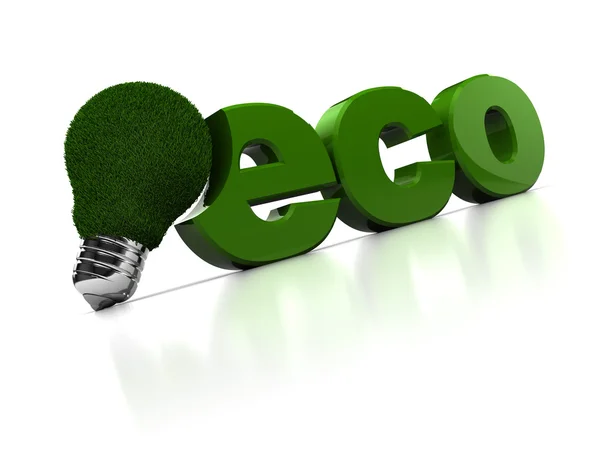 stock image abstract 3d illustration of light bulb with grass and word 'eco' on white background