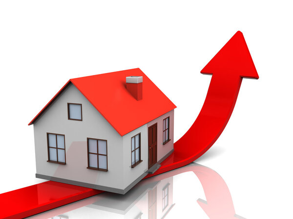 Abact 3d illustration of generic house and red arrow, real estate price metaphor
