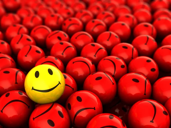 Абстрактная Иллюстрация Одного Желтого Счастливого Лица Красной Несчастной Толпе — стоковое фото