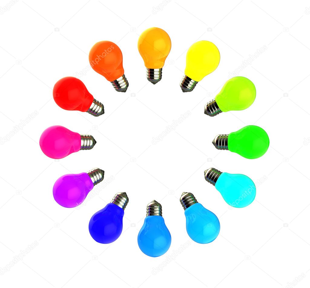 abstract 3d illustration of colorful light bulbs circle isolated over white background