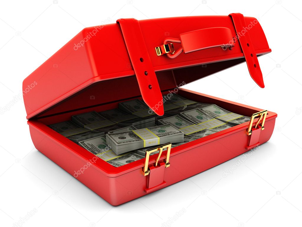 3d illustration of red case full of money banknotes, over white background
