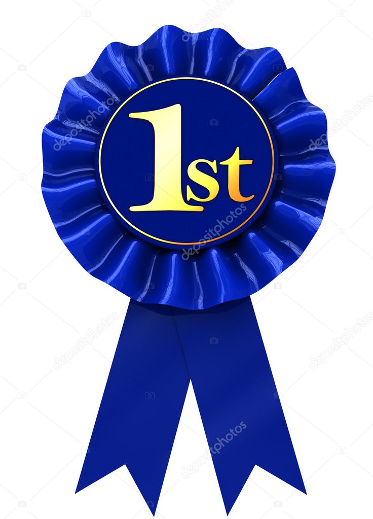 3d illustration of first place blue ribbon over white background