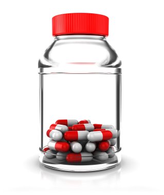 3d illustration of medical glass bottle with pills, over white background clipart