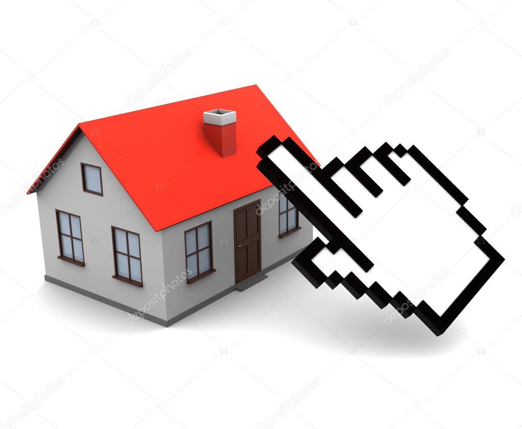 3d illustration of house and cursor, online real estate trading concept