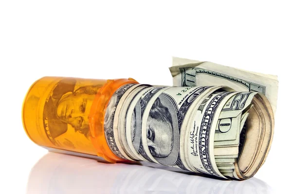 Prescription Pill Bottle Rolls Cash Concept Metaphor Cost Drugs — Stock Photo, Image