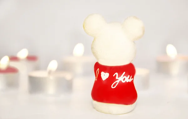 Toy Words Red Background Love You Burned Candles — Stock Photo, Image