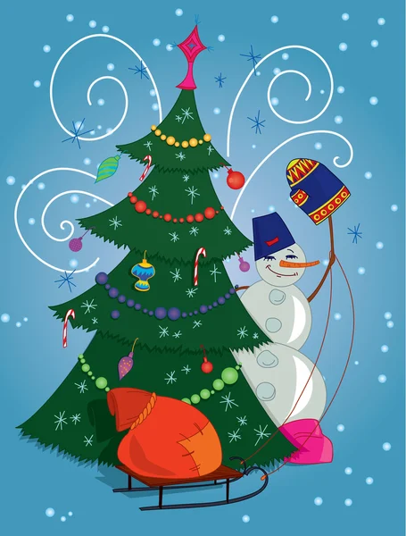 Bonhomme de neige avec sac cadeau et arbre de Noël — Image vectorielle
